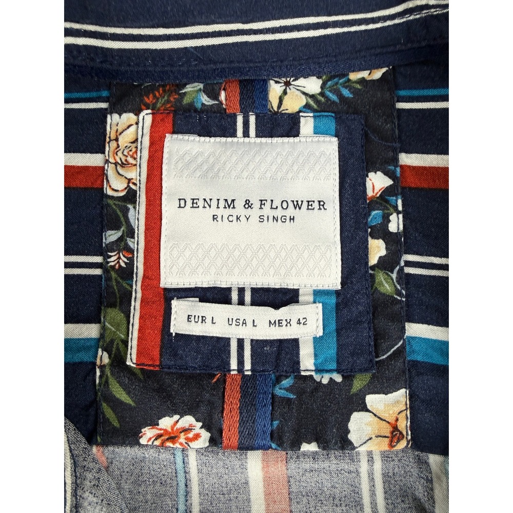 Denim & Flower Ricky Singh Mens Large Navy Blue Red Striped Viscose Size L Shirt - Picture 3 of 11